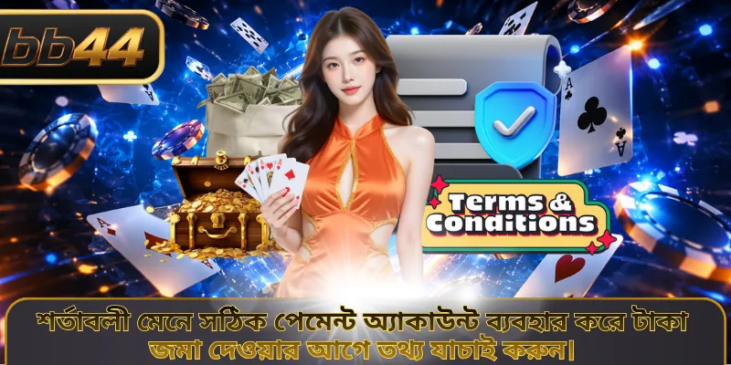 শর্তাবলী মেনে সঠিক পেমেন্ট অ্যাকাউন্ট ব্যবহার করে টাকা জমা দেওয়ার আগে তথ্য যাচাই করুন।